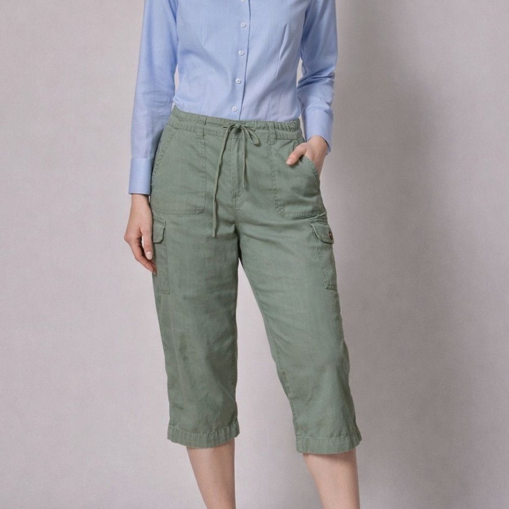 Route 66 Green Cargo Capri Pants Juniors 13 Linen Cotton Drawstring Pockets